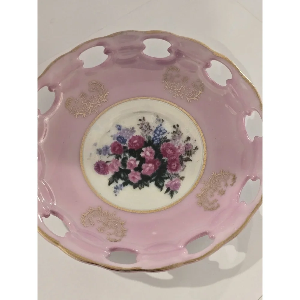 Vtg Pink Lusterware Teacup Saucer Set Floral Roses, Reticulated Edge, Gold Trim